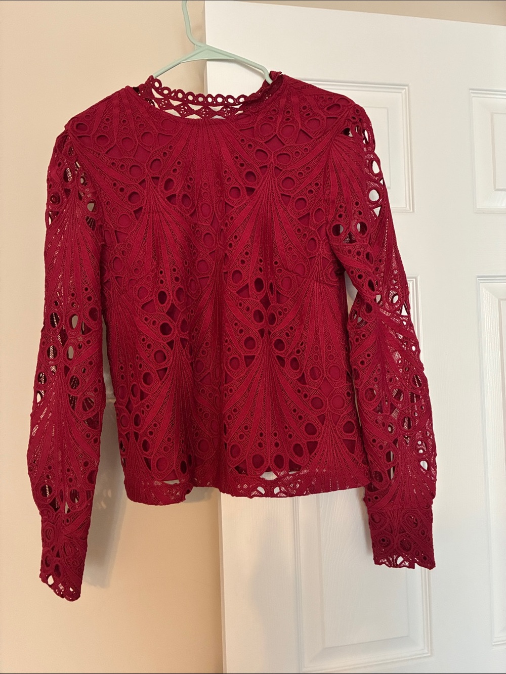 Ultra Pink Red Lace Eyelet Long-Sleeve Blouse